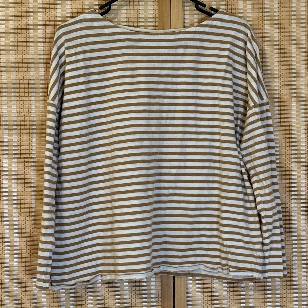 J. JILL Womens PL Top Striped Brown Cream 3/4 Sleeve Preppy Active Leisure Coast